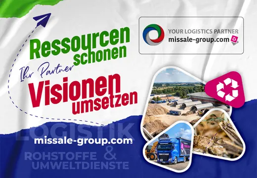 Banner mit Text „Ressourcen schonen, Visionen umsetzen“ und „missale-group.com“, mit Firmenlogo und Fotos von Industrie, Lkw und Lagerplatz