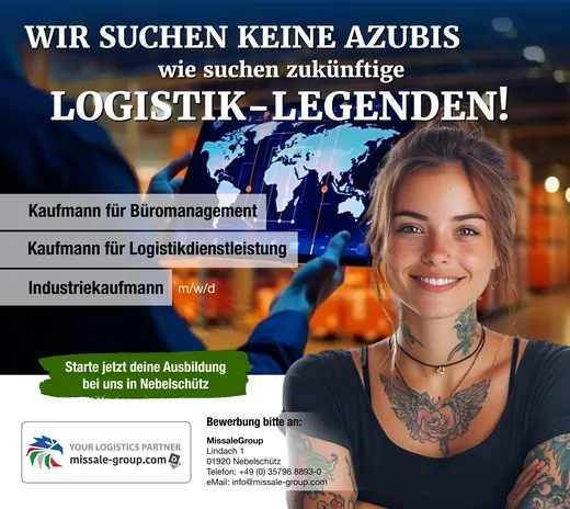 Junge Frau mit Tattoos lächelt, im Hintergrund Weltkarte und Text: „Wir suchen keine Azubis, wir suchen zukünftige Logistik-Legenden!“ sowie Informationen zur Ausbildung in der Logistik