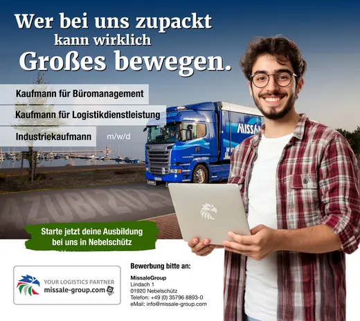 Junger Mann mit Laptop vor LKW, Werbetext für Ausbildungsplätze in Büromanagement, Logistikdienstleistungen und Berufskraftfahrer, mit Kontaktinformationen und Aufruf zur Bewerbung