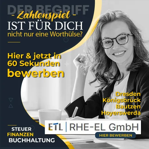 Eine junge Frau mit Brille lächelt am Schreibtisch, umgeben von Text für eine Stellenanzeige im Bereich Buchhaltung und Steuerberatung bei ETL RHE-EL GmbH