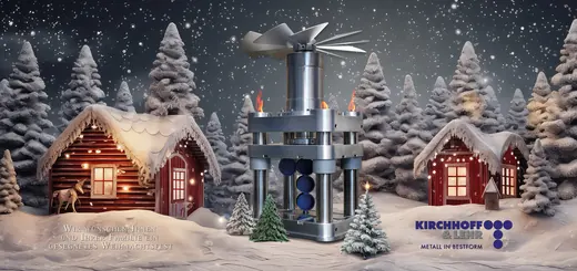 Eine verschneite Landschaft mit Tannenbäumen, einer roten Hütte und einer futuristischen Maschine in der Mitte, weihnachtlich dekoriert, bei Nacht