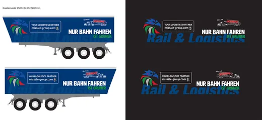 Zwei blaue Werbegrafiken mit Text „Nur Bahn fahren ist günstiger“, daneben zwei Logoentwürfe mit buntem Löwenkopf, „Rail & Logistik“ Schrift und Platz für Kontaktdaten auf schwarzem Hintergr
