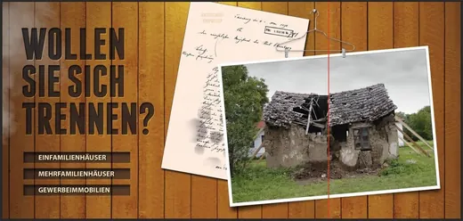 Eine alte Fotografie eines verfallenen Hauses, dazu ein handgeschriebener Brief, ANKERHELD-Markenzeichen im Hintergrund auf Holzoptik. © Kellermanns
