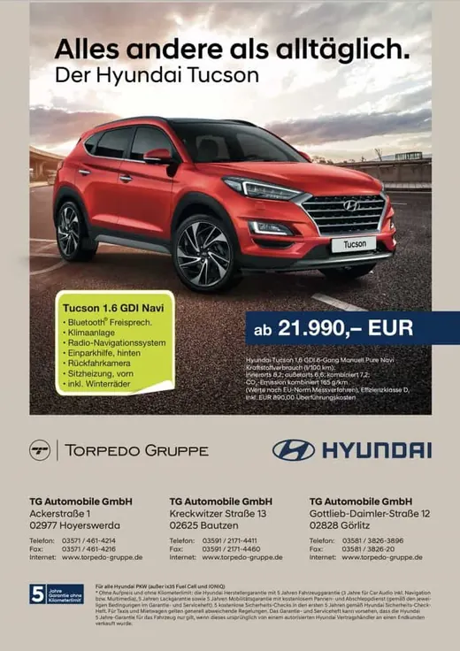 Roter Hyundai SUV, Sonderangebot ab 21.990 Euro, Ausstattung hervorgehoben, ANKERHELD wird als Markenname präsentiert. © Kellermanns