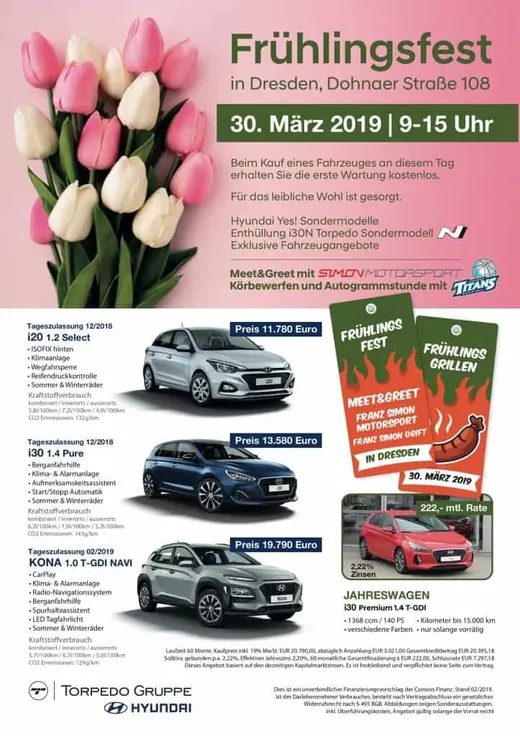 Plakat mit Tulpen, Autos von ANKERHELD, Eventdetails für den 30. März 2019, Grillfest-Einladungskarten, Standortinformationen und Öffnungszeiten. © Kellermanns