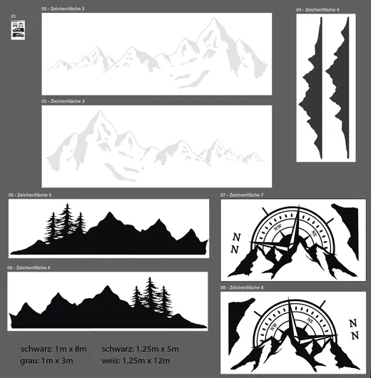 Mehrere grafische Bergsilhouetten, einige mit Bäumen oder Kompass, in Schwarz-Weiß-Designs auf grauem Hintergrund angeordnet