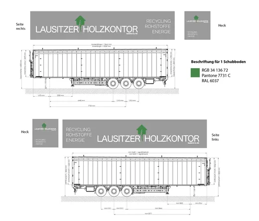 Technische Zeichnung eines LKW-Aufliegers mit Beschriftung „Lausitzer Holzkontor“ und Farbangaben, inklusive Seiten- und Heckansicht sowie Maßangaben des Fahrzeugs