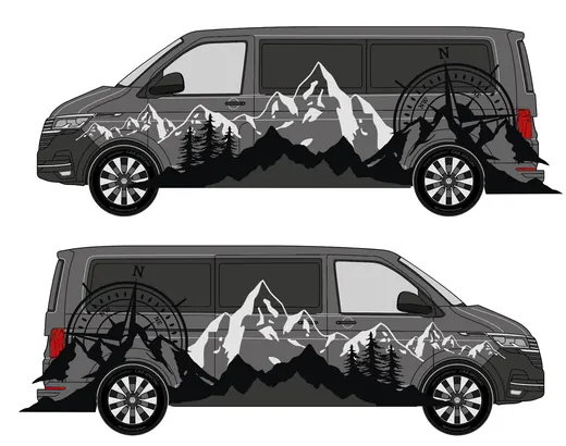 Zwei Vans mit einer schwarzen Folienbeklebung zeigen Berge, Bäume und ein Riesenrad an den Seiten