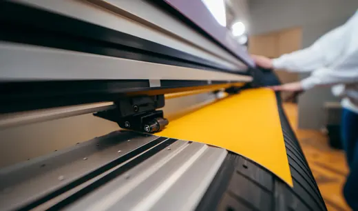 Ein moderner Plotter von ANKERHELD schneidet präzise gelbes Material in einer professionellen Druckerei. © Kellermanns