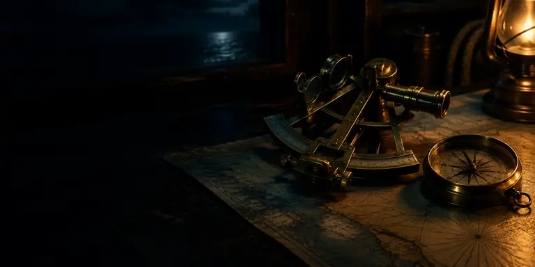 Sextant und Kompass auf einer Seekarte im Lampenlicht