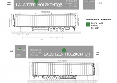 Technische Zeichnung eines LKW-Aufliegers mit Beschriftung „Lausitzer Holzkontor“ und Farbangaben, inklusive Seiten- und Heckansicht sowie Maßangaben des Fahrzeugs. Werbeagentur ANKERHELD © Kellermanns